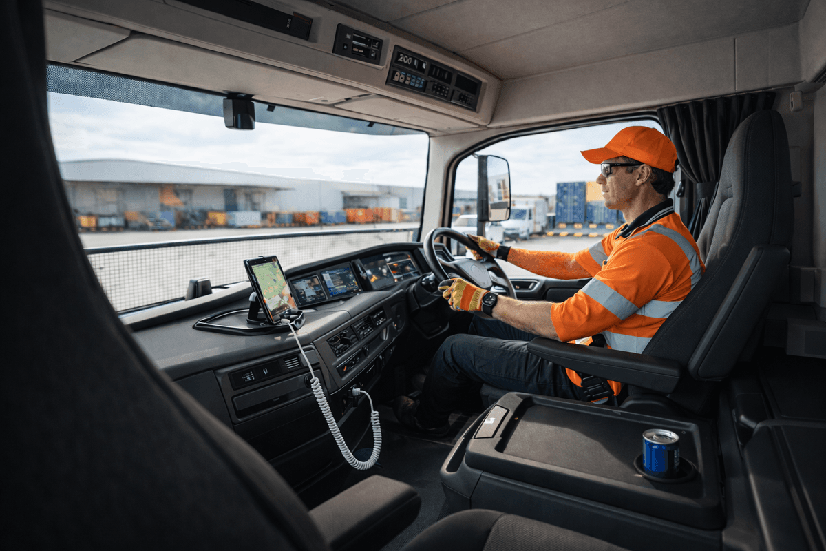Commercial truck driver operating vehicle with in-cab monitoring and logistics systems.